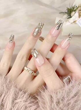 Nude Coffin Luxury Gold Foil Large Rhinestone Press On Nails