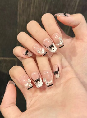Black French Tiger Nail Rhinestone Handmade Press On Nails