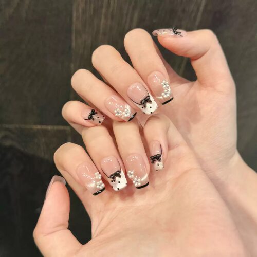 Black French Tiger Nail Rhinestone Handmade Press On Nails
