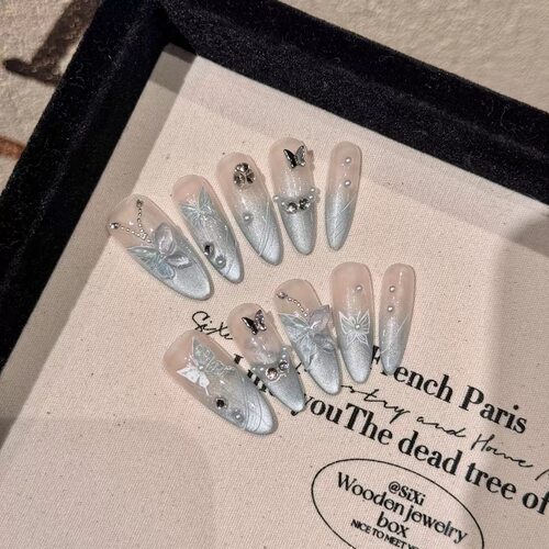 Blue Butterfly Rhinestone Almond Press On Nails