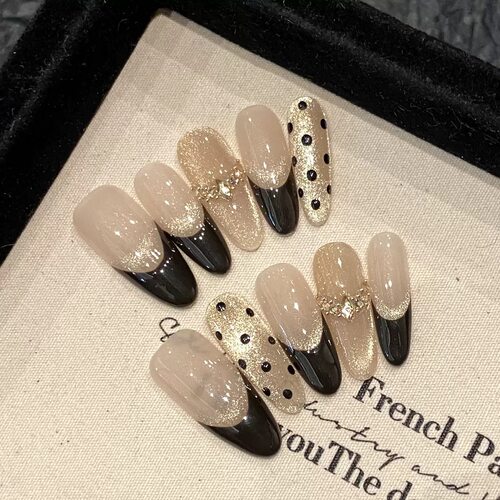 Vintage Nude Black Tip Gold Glitter Polka Dot False Nails