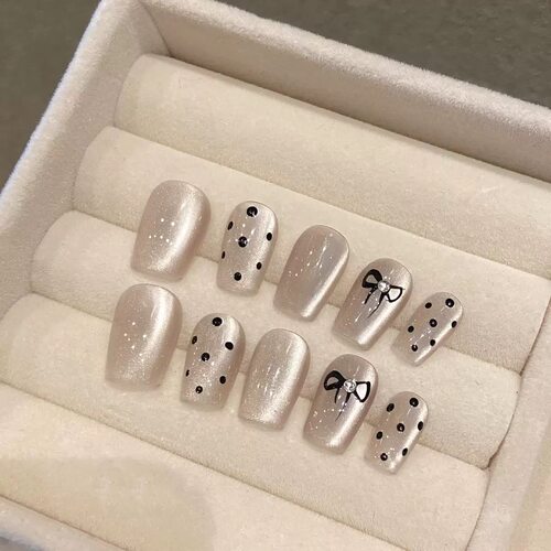 Beige Cat Eye Polka Dot Bow Round Press On Nails