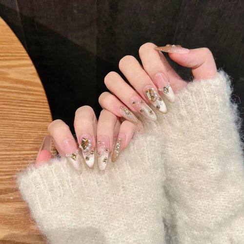 Almond Nude Gold Cat Eye Rhinestone Press On Nails