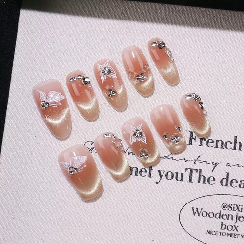 Handmade Nude Gold Butterfly Press Nails