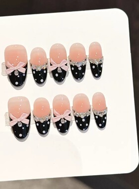 Sweet Nude French Black Polka Dot Pink Bow Fake Nails