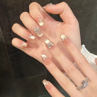 Handmade Nude Champagne Rhinestone French Nails