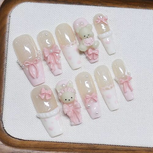 3D Bear Pink Bow Press On Nails Nude Gradient Pearl Nail