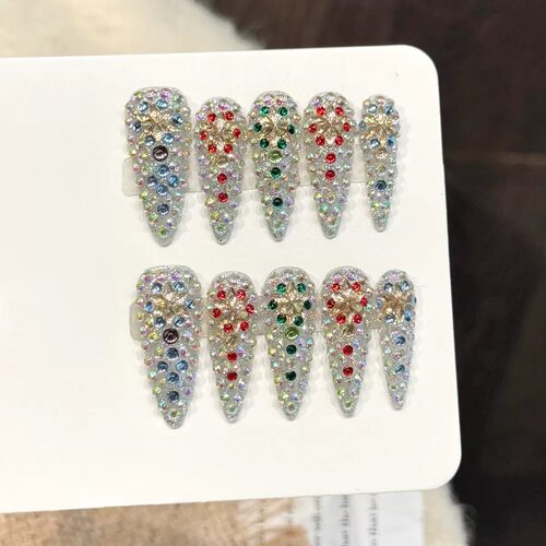 Luxury Full Colorful Rhinestone Long Stiletto Press On Nails