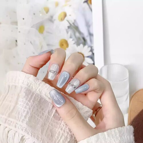 Blue Gray Rhinestone Coffin Nails