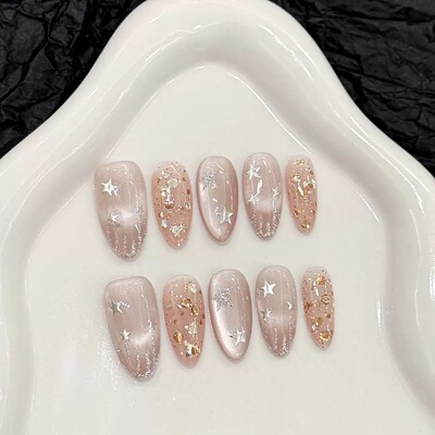 Nude Cat Eye Star Gold Foil Handmade Press On Nails