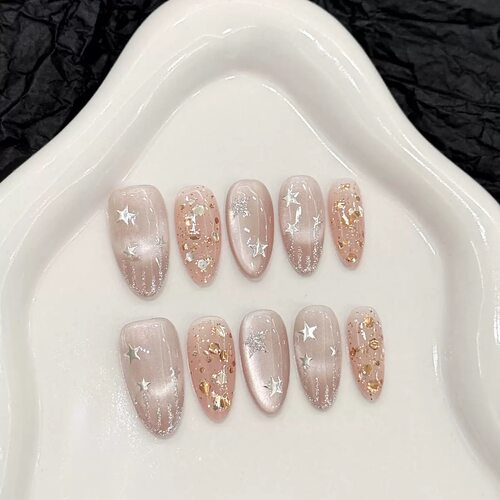 Nude Cat Eye Star Gold Foil Handmade Press On Nails