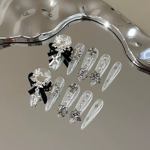 Silver Gothic Bow Cross Press On Nails