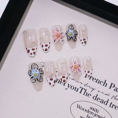 3D Flower Leopard Print Ombre Press On Nails