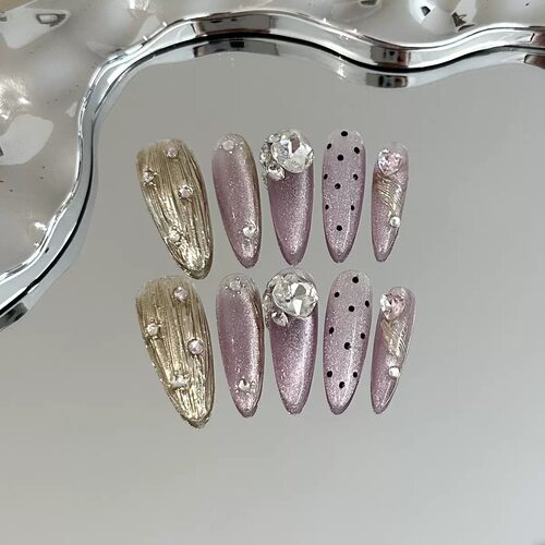 Lilac Gold Polka Dot Rhinestone Press On Nails