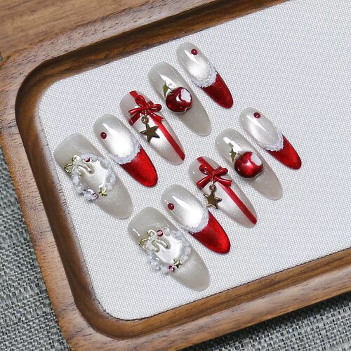 Apple Bow Star Long Almond Press On Nails