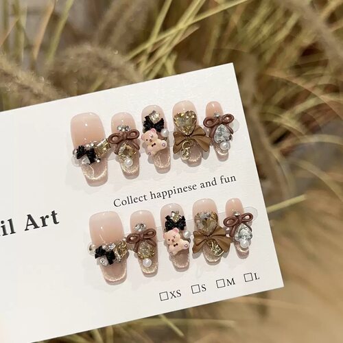 Cute Bear Bow Rhinestone Press On Nails Nude False Nails