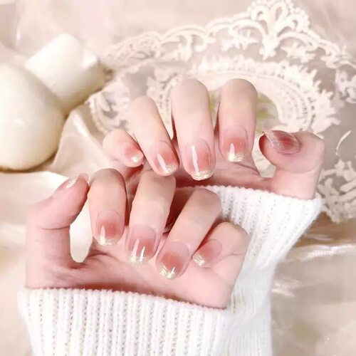 Pink Blush Gold French Tip Short Square Press On Nails