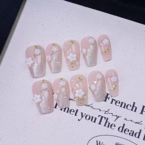 Pink Glitter 3D Flower Pearl Gold Line Coffin Press On Nails