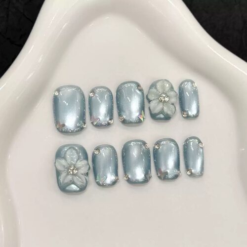 Handmade Blue Cat‑Eye 3D Flower Rhinestone Press On Nails