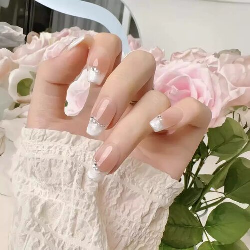 Glitter French Press On Nails Nude Long Coffin False Nails