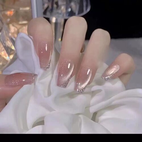 Nude Pink Cat Eye Glitter French Press On Nails