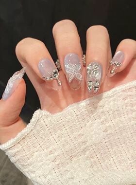 Light Blue Butterfly Rhinestone Handmade Press On Nails