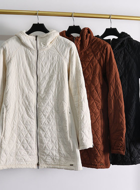 P绒户外中长款绗缝连帽加绒外套女 冬修格绒保暖拉链连帽外套a24