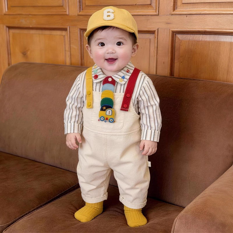 婴儿春装男宝宝衣服牛仔背带裤两件套装洋气套装可爱分体外出连体
