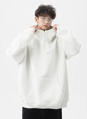 440g重磅半拉链卫衣男秋冬美式潮牌纯色休闲百搭高街连帽灰色外套