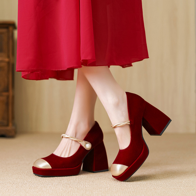 红色法式防水台高跟鞋女粗跟