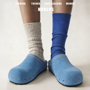 高级感钻石刺绣勃肯鞋女夏季外穿厚底内增高一脚蹬真皮包头半拖鞋