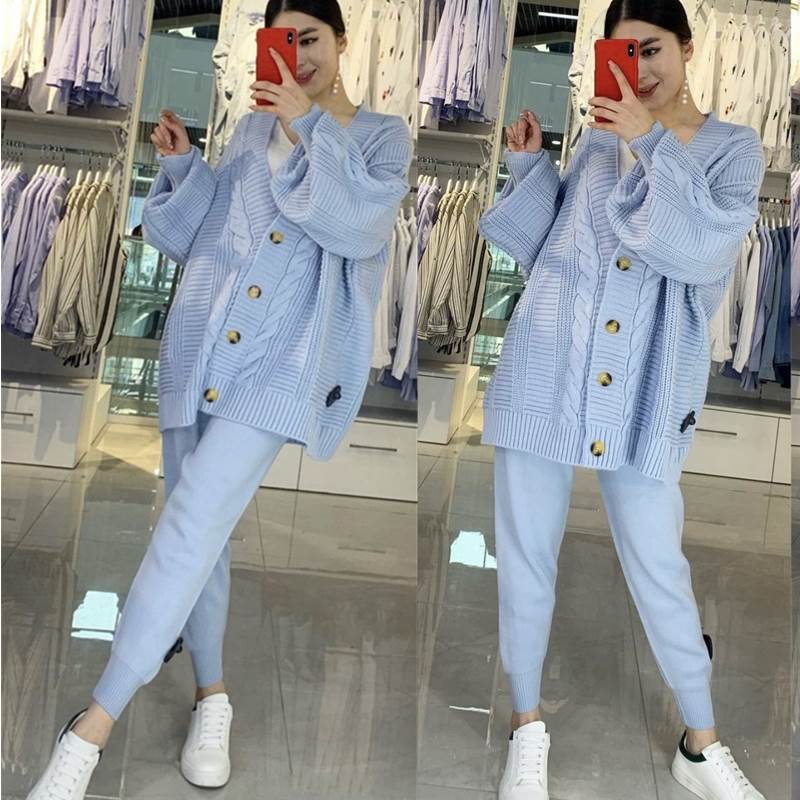 Autumn winter knit suit 2023 Casual Coat + pants 2 piece set