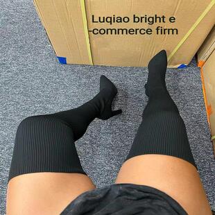 2026 shoes women秋冬尖头粗跟针织过膝靴女跨境外贸大码弹力毛线