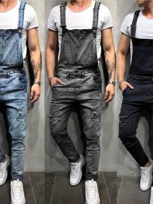 Fashion men's suspenders jeans trend trousers吊带牛仔裤男潮