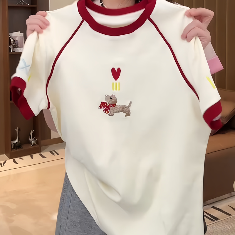 纯棉小狗刺绣撞色短袖T恤女2026夏季新款宽松韩版减龄洋派上衣潮