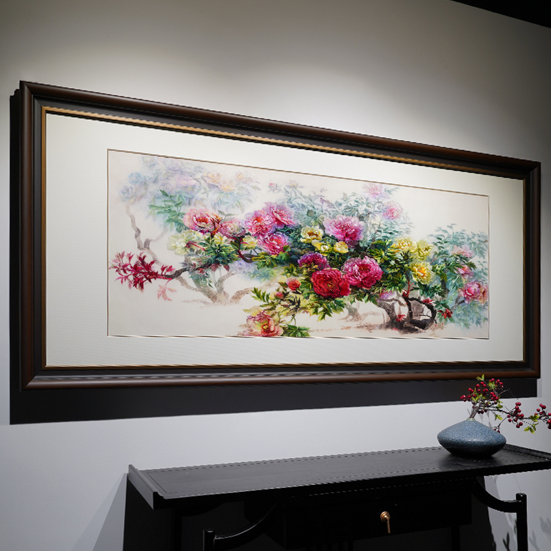 蚕丝线手工绣制油画质感装饰画大幅苏绣幸福牡丹收藏级刺绣挂画图片