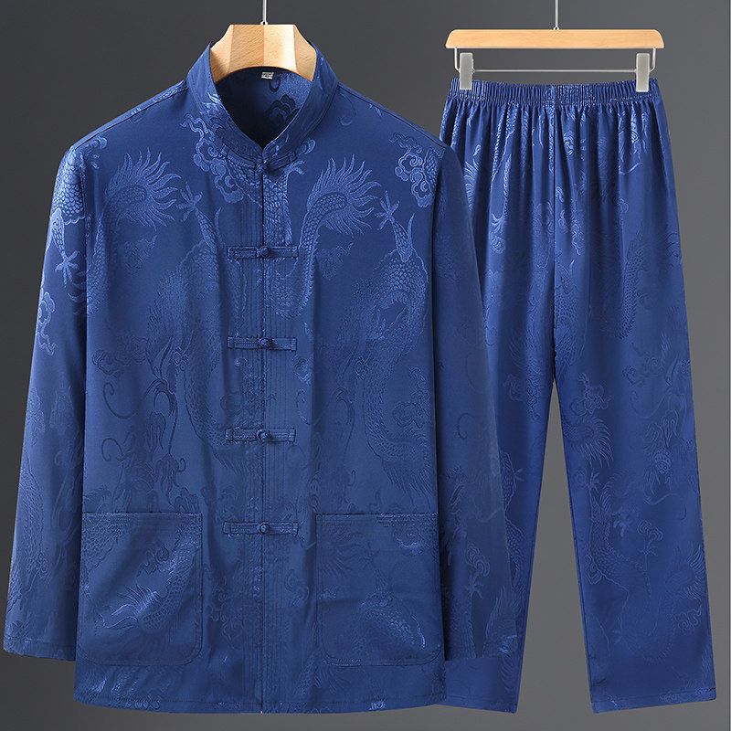 唐装男薄款长袖爸爸套装