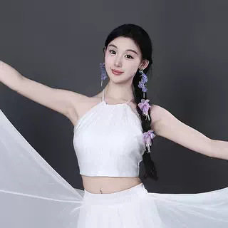 舞蹈服挂脖吊带带胸垫古典练功上衣外穿露脐大露背肚兜腰围可调节图片