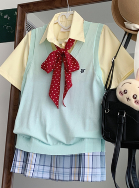 【潘特维拉】悠悠黄色衬衫冰丝马甲JK日系学院风甜美可爱短袖套装