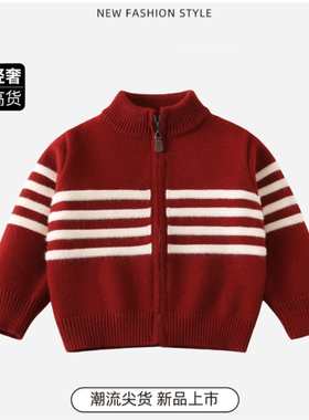 红色儿童毛衣加厚立领拉链衫外套撞色韩版针织衫保暖毛线衣开衫潮