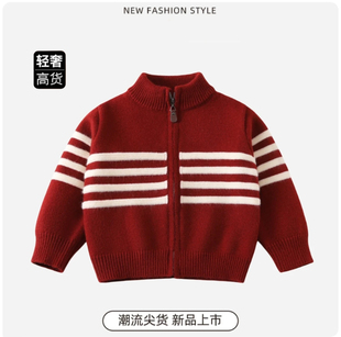 红色儿童毛衣加厚立领拉链衫外套撞色韩版针织衫保暖毛线衣开衫潮