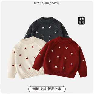 儿童毛衣冬季新款女童针织衫套头圆领纯色轻奢长袖加厚心形毛线衫