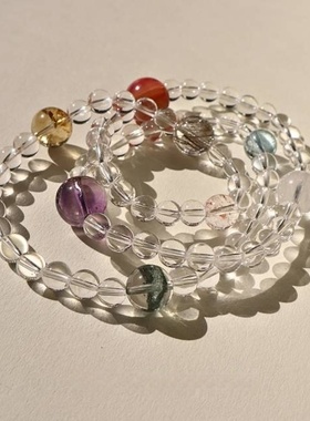 颈间光彩  天然白水晶多巴胺星球海蓝宝赵露思同款三圈多宝项链