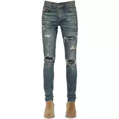 European and American Style 26Ss Am Blue Distressed Paisley Crystal Waxed Ripped Jeans for Men and Women, High Quality for Autumn and Winter