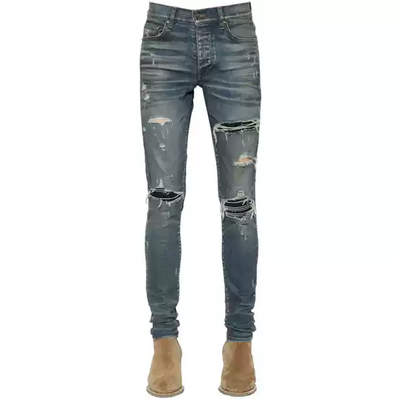 European and American Style 26Ss Am Blue Distressed Paisley Crystal Waxed Ripped Jeans for Men and Women, High Quality for Autumn and Winter