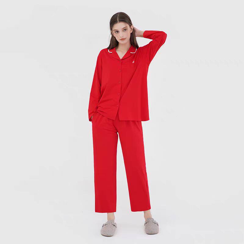 淳度睡衣女春秋带胸垫本命年一体长袖开衫免穿文胸纯棉家居服套装