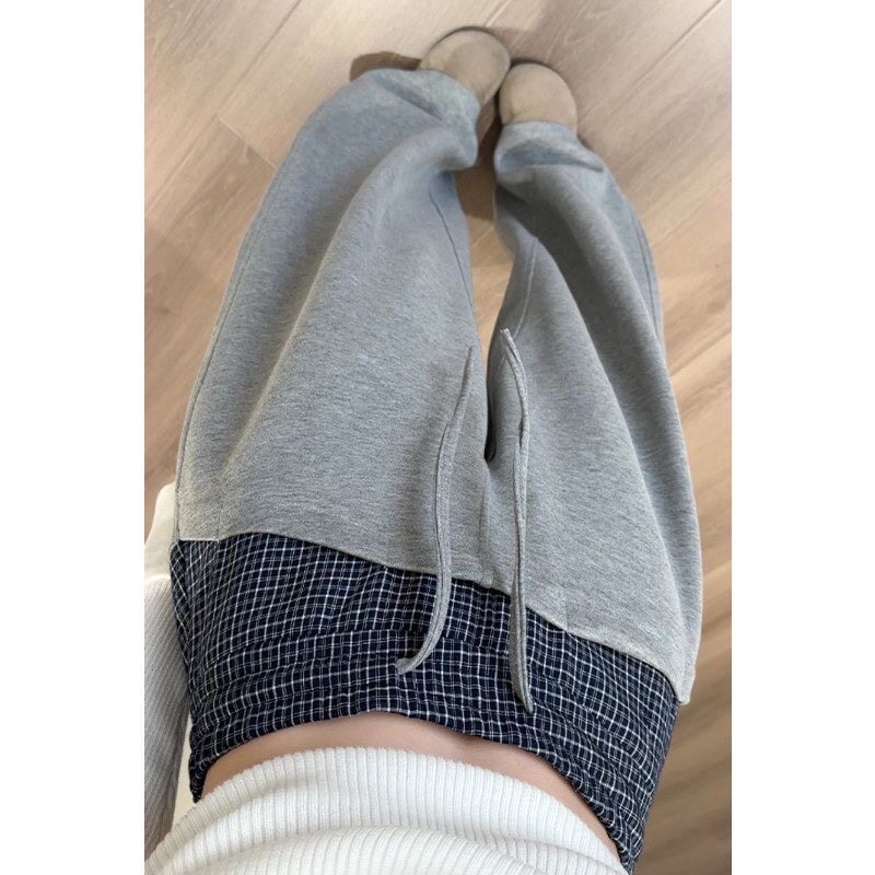 美式复古格子拼接假两件休闲裤女春秋新款宽松慵懒风直筒阔腿长裤