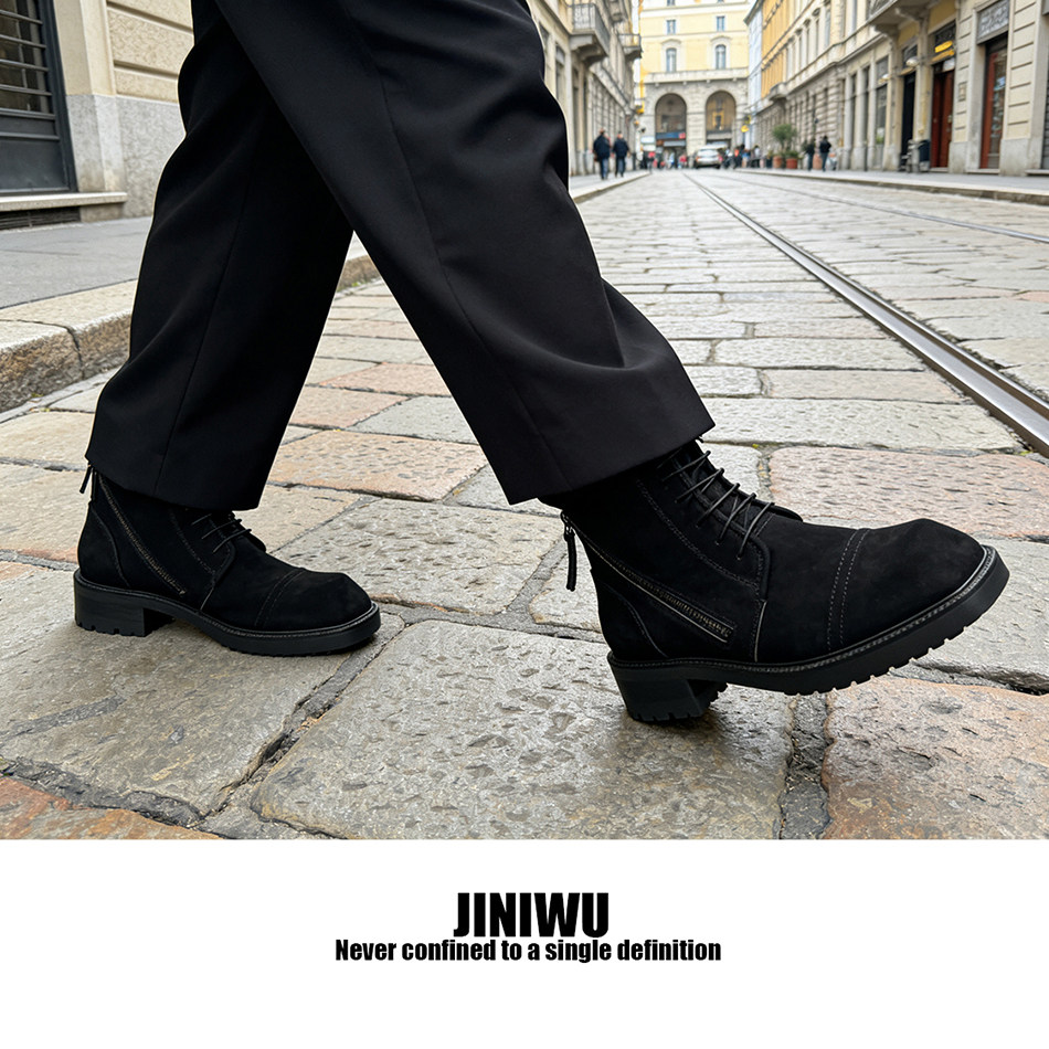 JINIWU吾倪季2025方头马丁靴厚底磨砂牛皮短靴双拉链皮靴潮黑男靴,流行男鞋,马丁靴,淘宝优惠券,粉丝福利购,淘宝优惠卷