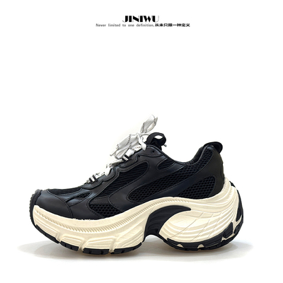 JINIWU2025新品纯黑老爹鞋增高8cm运动鞋牛皮原创流行休闲鞋