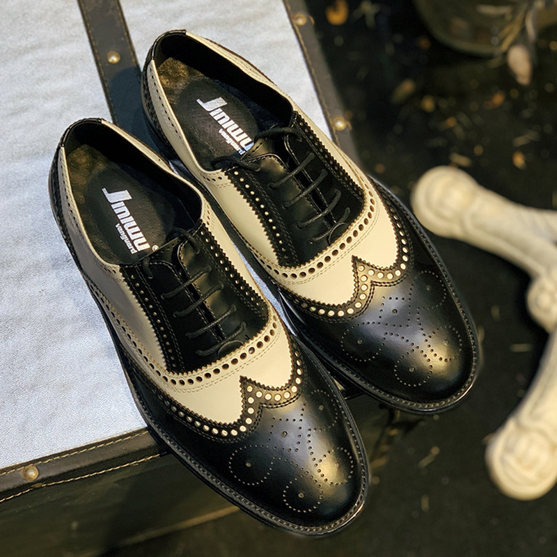 JINIWU吾倪季2025黑白布洛克鞋雕花皮鞋英伦手工低帮韩版牛津鞋,流行男鞋,休闲皮鞋,淘宝优惠券,粉丝福利购,淘宝优惠卷